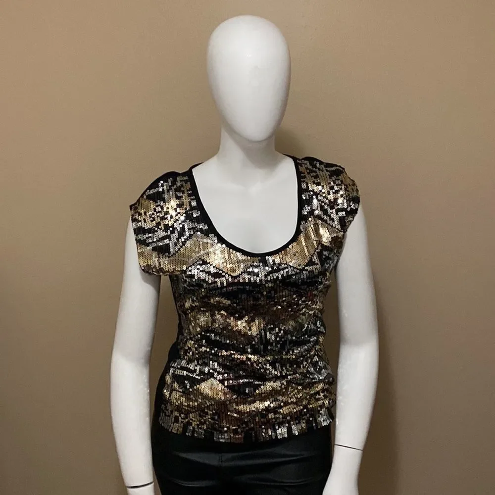 2B Bebe Black/Gold/Silver Sequin Top - Size M